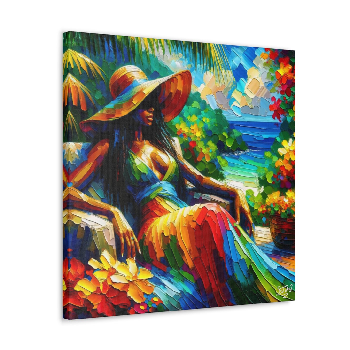 Art Print, Afro-Caribbean Woman, "Relaxing" Oil Finish, West Indian Ethnicity, Cultural, Heritage, Abstract, Canvas Gallery Wrap