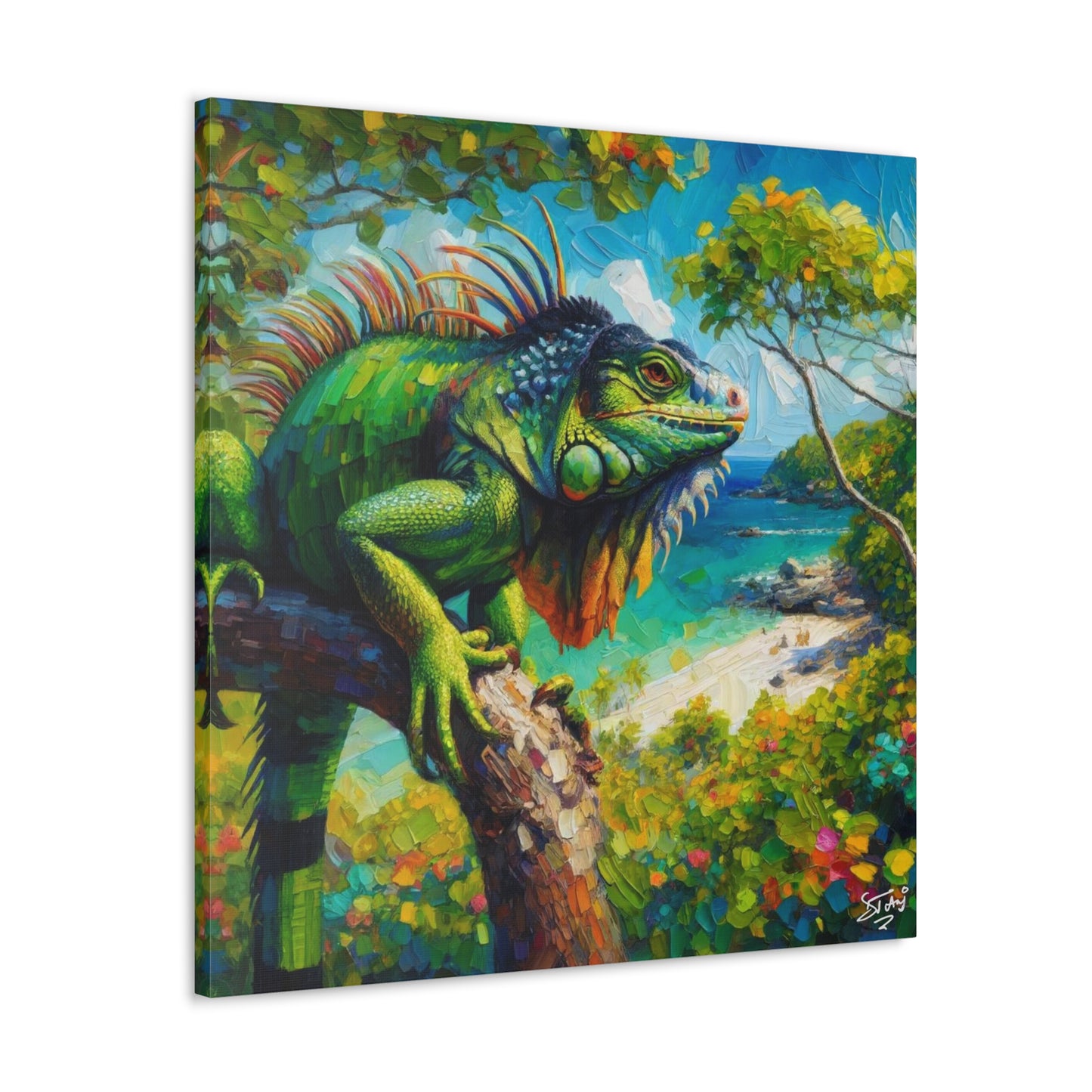 Art Print, Iguana, Caribbean Wildlife, Oil Finish, Caribbean Nature, Cultural, Heritage, Canvas Gallery Wrap