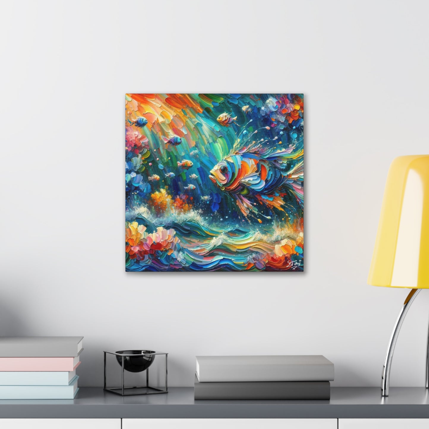 Art Print, Fishes in Coral Reef, Oil Finish, Caribbean Nature, Semi-Abstract, Canvas Gallery Wrap