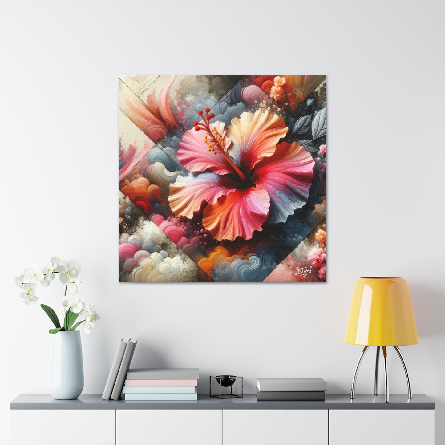 Oil Print of a Pink Hibiscus Flower, Close-up View, Semi-abstract, Caribbean, Vibrant Vivid Colors, Canvas Gallery Wraps