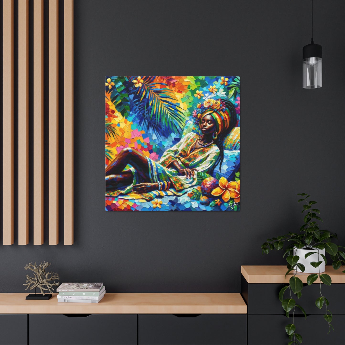 Art Print, Afro-Caribbean Woman, "Taking a Siesta" Oil Finish, West Indian Ethnicity, Cultural, Heritage, Abstract, Canvas Gallery Wrap