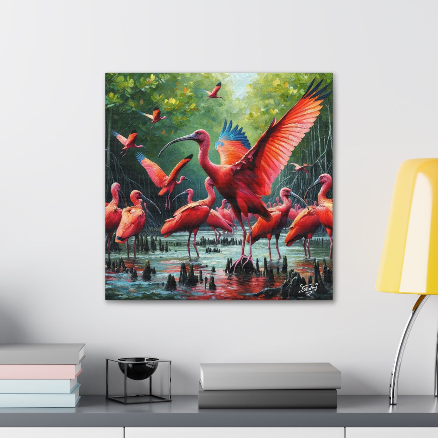 Art Print#2, Scarlet Ibises in Their Natural Mangrove Habitat in Trinidad and Tobago, Caribbean, West Indian Art, Canvas Gallery Wraps