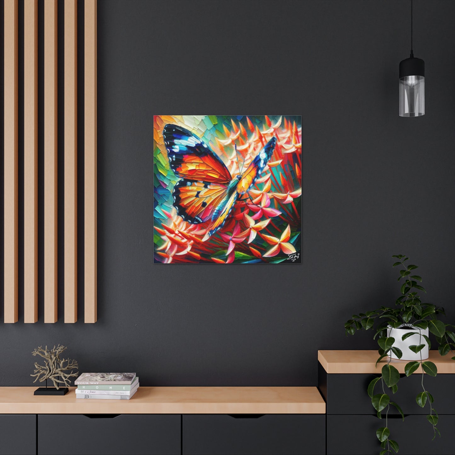 Art Print, Butterfly on Ixoras, Oil Finish, Caribbean Nature, Cultural, Heritage, Semi-Abstract, Canvas Gallery Wrap