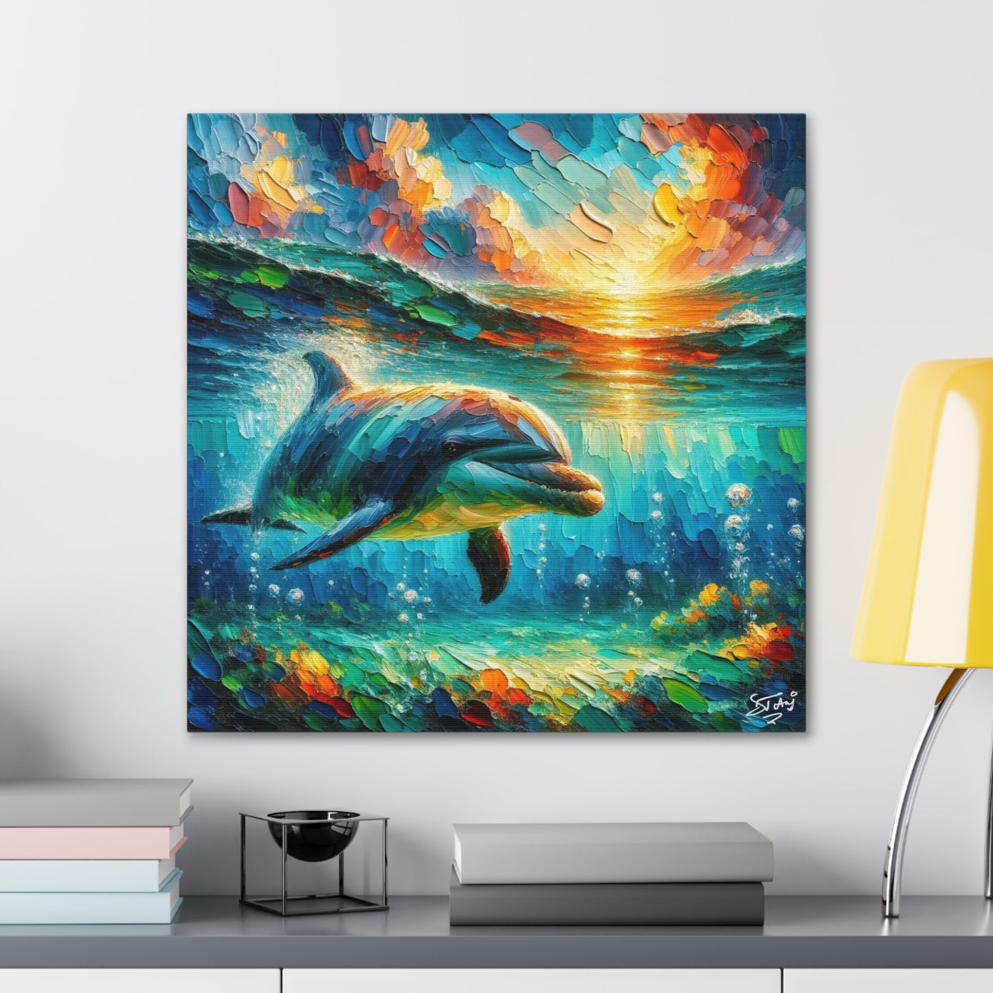 Art Print, Dolphin at Sunset, Oil Finish, Caribbean Nature, Semi-Abstract, Canvas Gallery Wrap