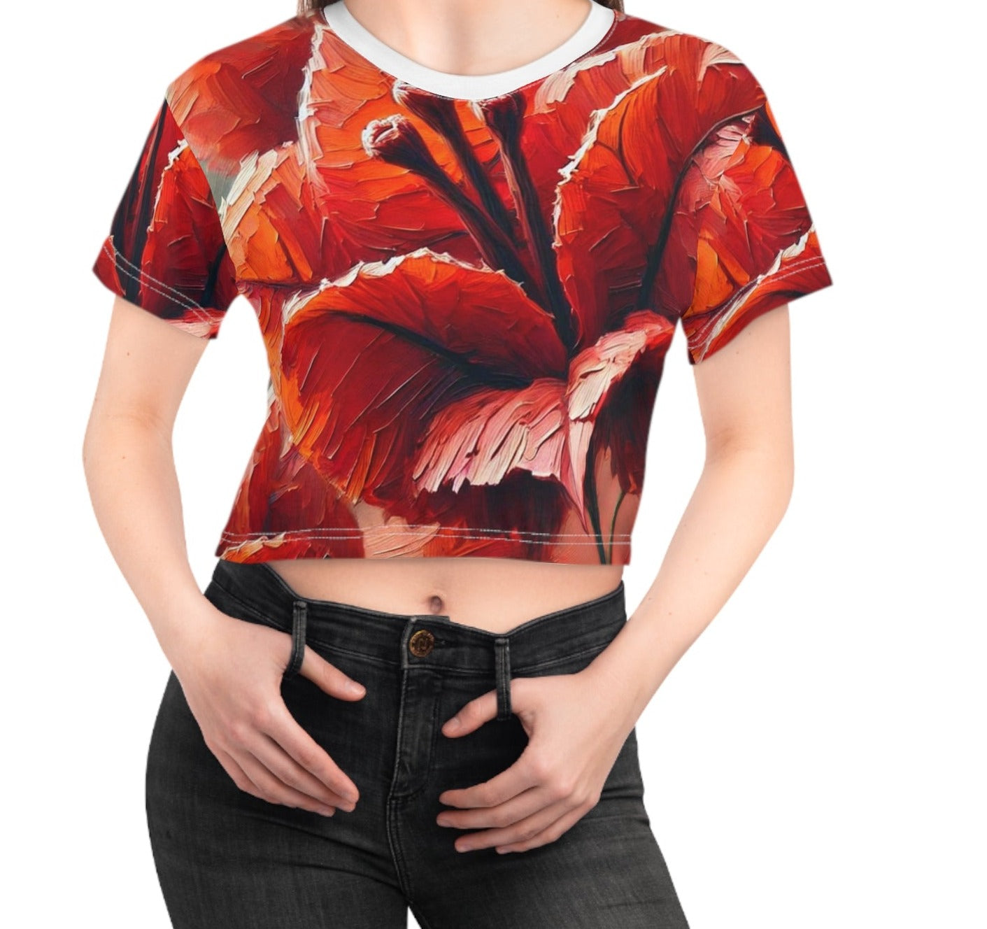 Women's Silky Soft Crop Tee (AOP) Red Floral Print