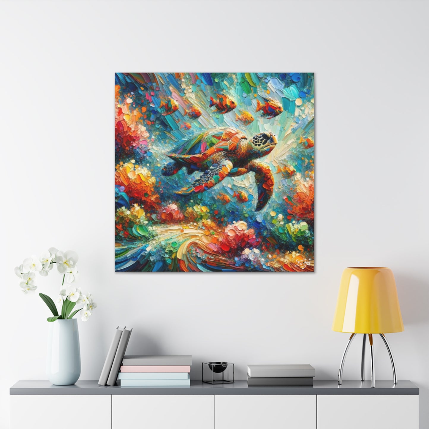 Art Print, Turtle & Fish in Reef, Oil Finish, Caribbean Nature, Cultural, Heritage, Semi-Abstract, Canvas Gallery Wrap