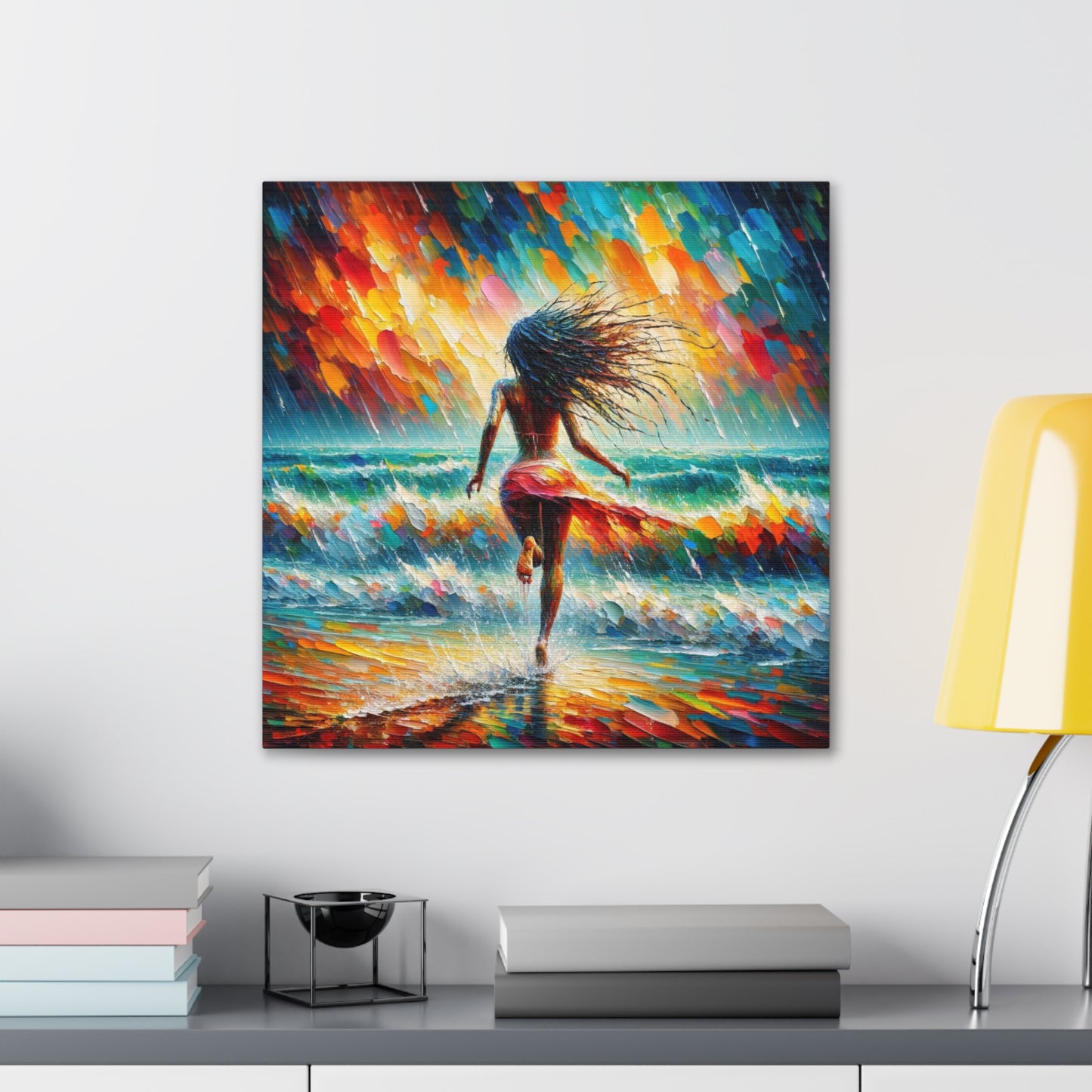 Art Print#6, East Indian Woman from Trinidad running into the Atlantic Ocean, Caribbean, Oil Finish, West Indian Art, Canvas Gallery Wraps