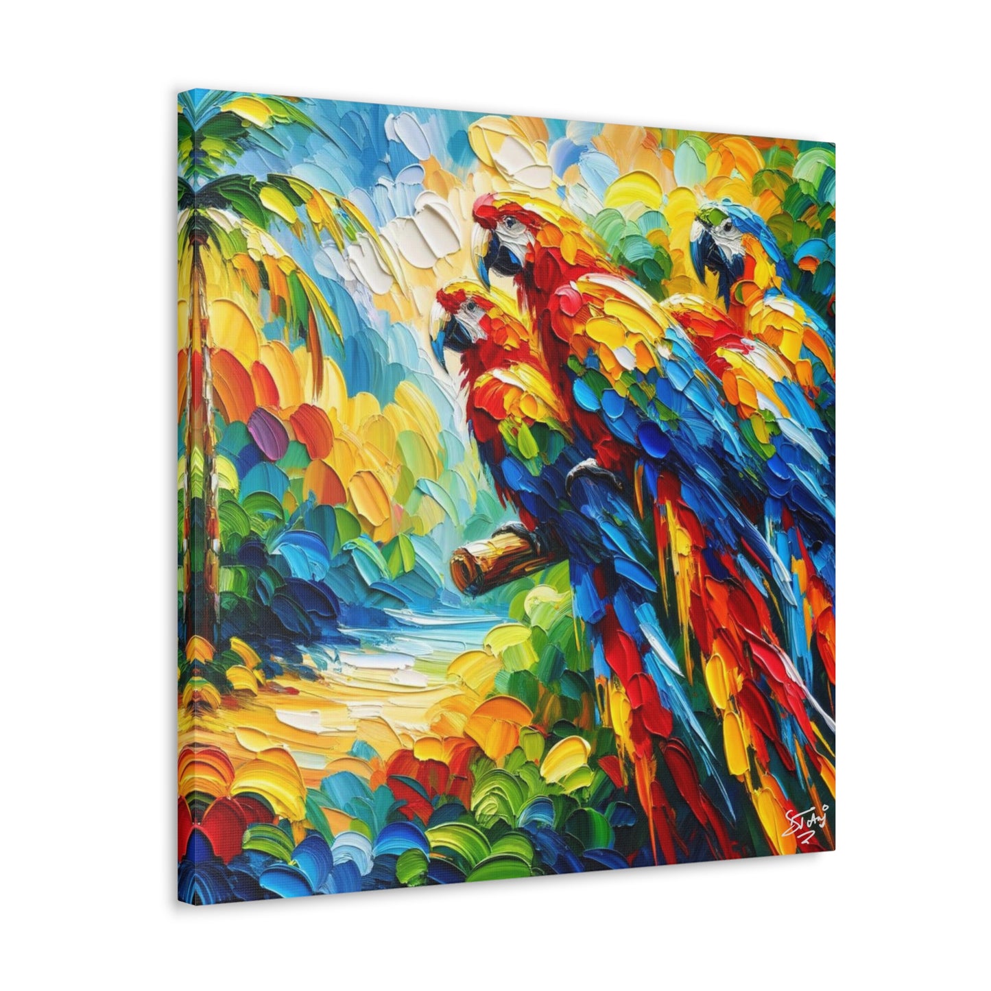 Art Print, The Parrots, Oil Finish, Caribbean Nature, Cultural, Heritage, Semi-Abstract, Canvas Gallery Wrap