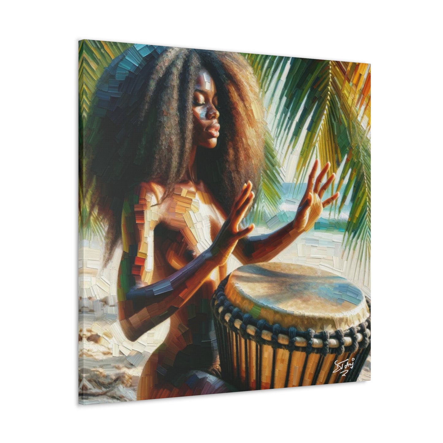 Art Print, Afro-Caribbean Woman, "Drumming" Oil Finish, West Indian Ethnicity, Cultural, Heritage, Abstract, Canvas Gallery Wrap