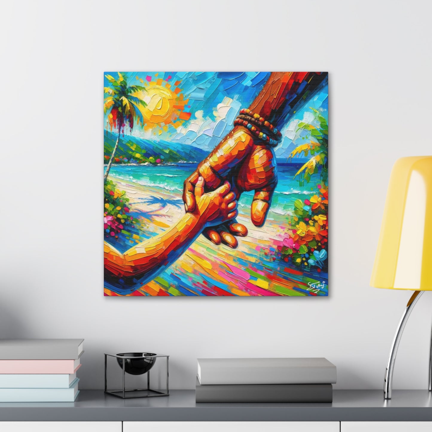 Art Print, Afro-Caribbean Father & Daughter, Oil Finish, West Indian Ethnicity, Cultural, Heritage, Semi-Abstract, Canvas Gallery Wrap