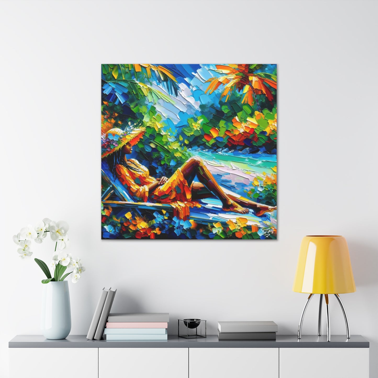 Art Print, Afro-Caribbean Woman, "Relaxing" Oil Finish, West Indian Ethnicity, Cultural, Heritage, Abstract, Canvas Gallery Wrap