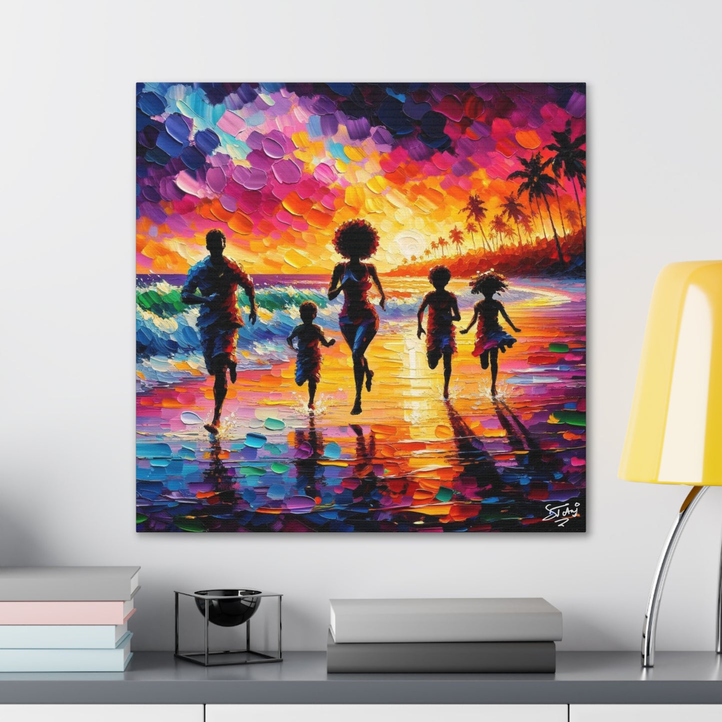 Art Print, Caribbean Family, "Having Fun" Oil Finish, West Indian Ethnicity, Cultural, Heritage, Abstract, Canvas Gallery Wrap