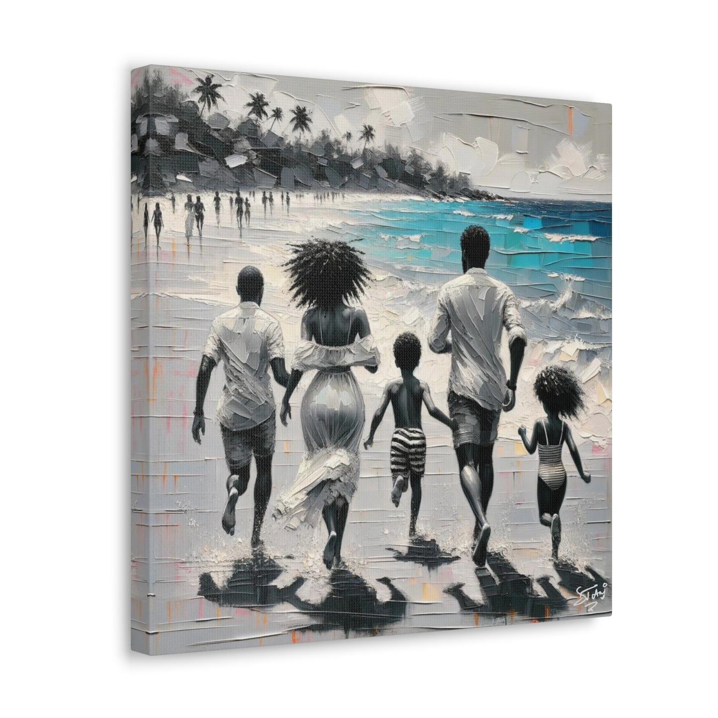 Art Print, Afro-Caribbean Family on the Beach, Oil Finish, West Indian Ethnicity, Cultural, Heritage, Semi-Abstract, Canvas Gallery Wrap