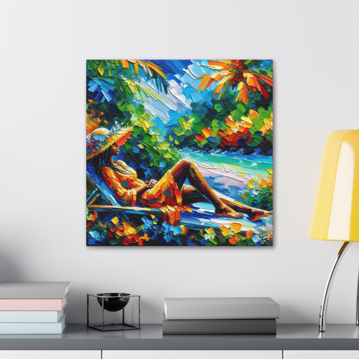 Art Print, Afro-Caribbean Woman, "Relaxing" Oil Finish, West Indian Ethnicity, Cultural, Heritage, Abstract, Canvas Gallery Wrap