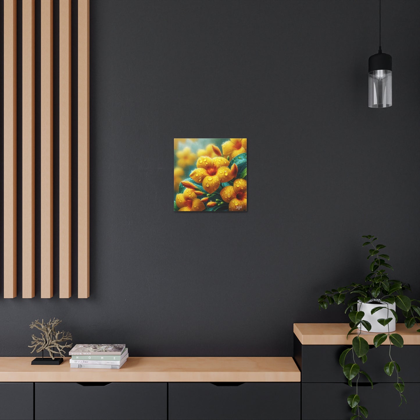 Print of Yellow Allamanda Flowers in the Rain, Oil Paint Finish, Caribbean, Tropical, Canvas Gallery Wraps