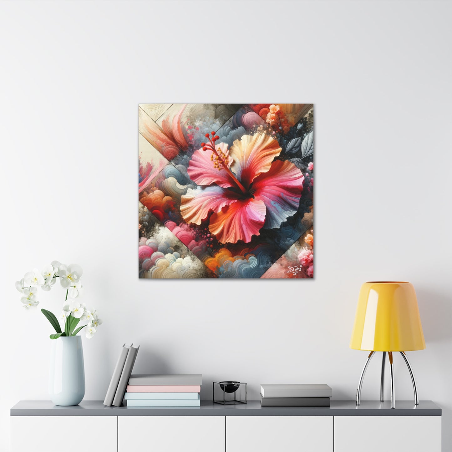 Oil Print of a Pink Hibiscus Flower, Close-up View, Semi-abstract, Caribbean, Vibrant Vivid Colors, Canvas Gallery Wraps