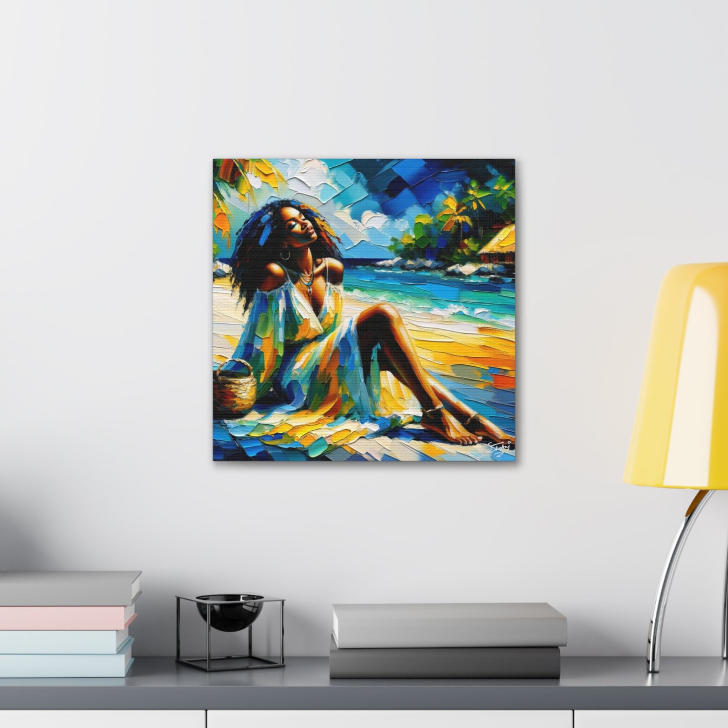 Art Print, Afro-Caribbean Woman, "Relaxing" Oil Finish, West Indian Ethnicity, Cultural, Heritage, Abstract, Canvas Gallery Wrap