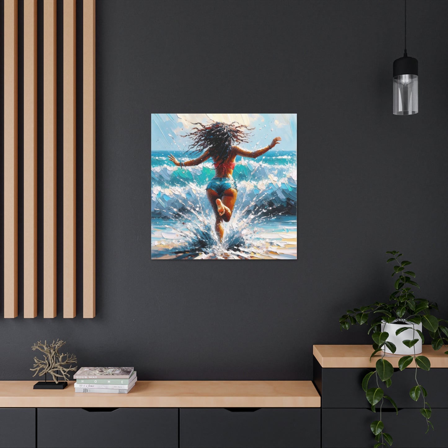 Art Print, East Indian Woman from Trinidad running into the Atlantic Ocean, Caribbean, Oil Finish, West Indian Art, Canvas Gallery Wraps