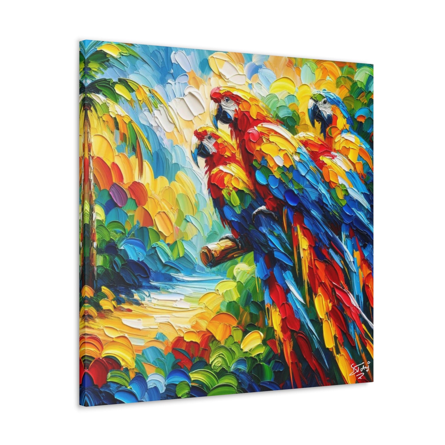 Art Print, The Parrots, Oil Finish, Caribbean Nature, Cultural, Heritage, Semi-Abstract, Canvas Gallery Wrap