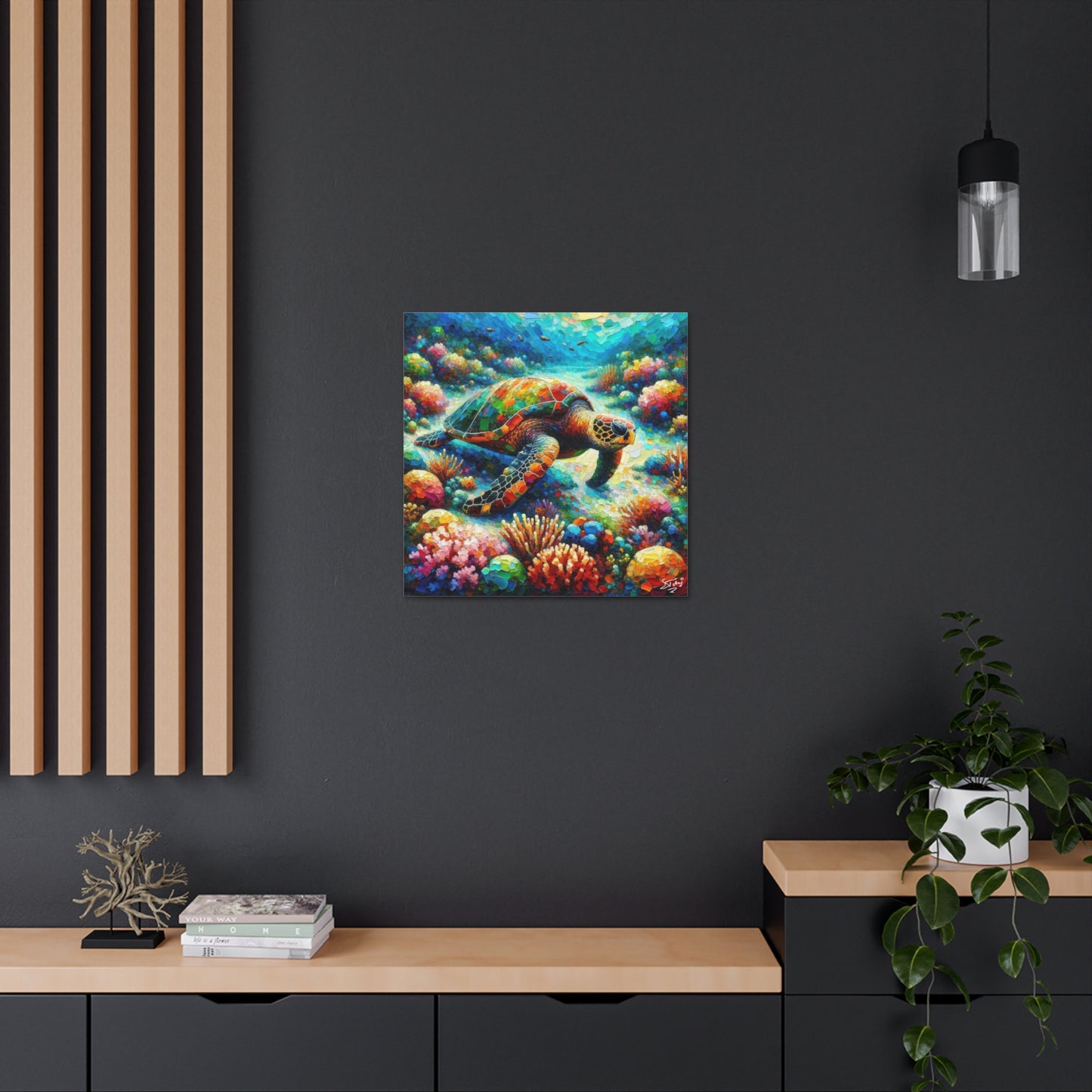 Art Print, Turtle in Reef, Oil Finish, Caribbean Nature, Cultural, Heritage, Semi-Abstract, Canvas Gallery Wrap