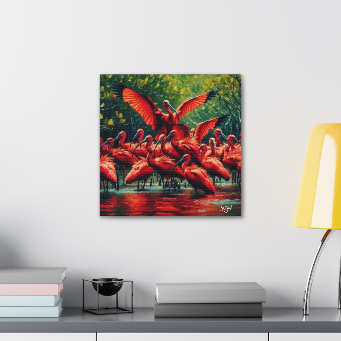 Art Print#3, Scarlet Ibises in Their Natural Mangrove Habitat in Trinidad and Tobago, Caribbean, West Indian Art, Canvas Gallery Wraps