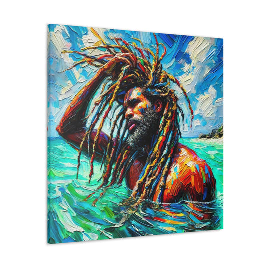 Art Print, Afro-Caribbean Man, "Sea Bath" Abstract, Semi-Abstract Oil Finish, West Indian Ethnicity, Cultural, Heritage, Abstract, Canvas Gallery Wrap