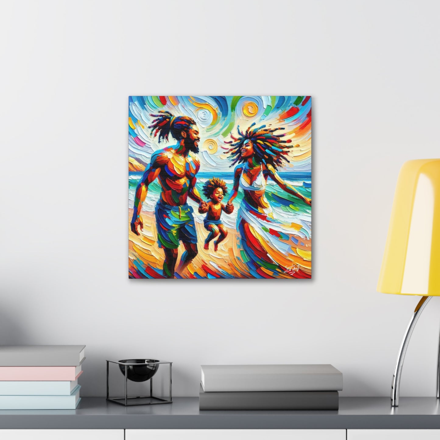 Art Print, Afro-Caribbean Family "Walking on the Beach," Oil Finish, West Indian Ethnicity, Cultural, Heritage, Semi-Abstract, Canvas Gallery Wrap