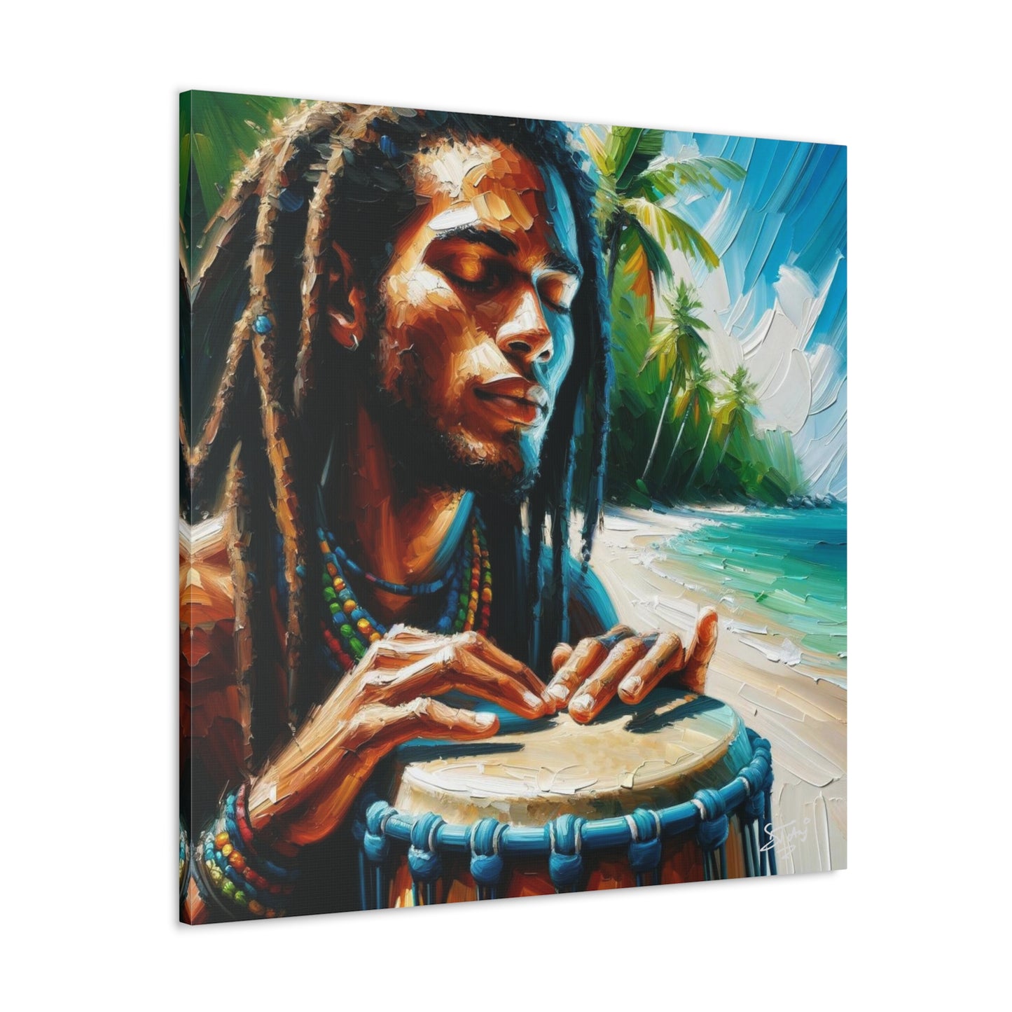 Art Print, Afro-Caribbean Man, "Drumming" Oil Finish, West Indian Ethnicity, Cultural, Heritage, Abstract, Canvas Gallery Wrap