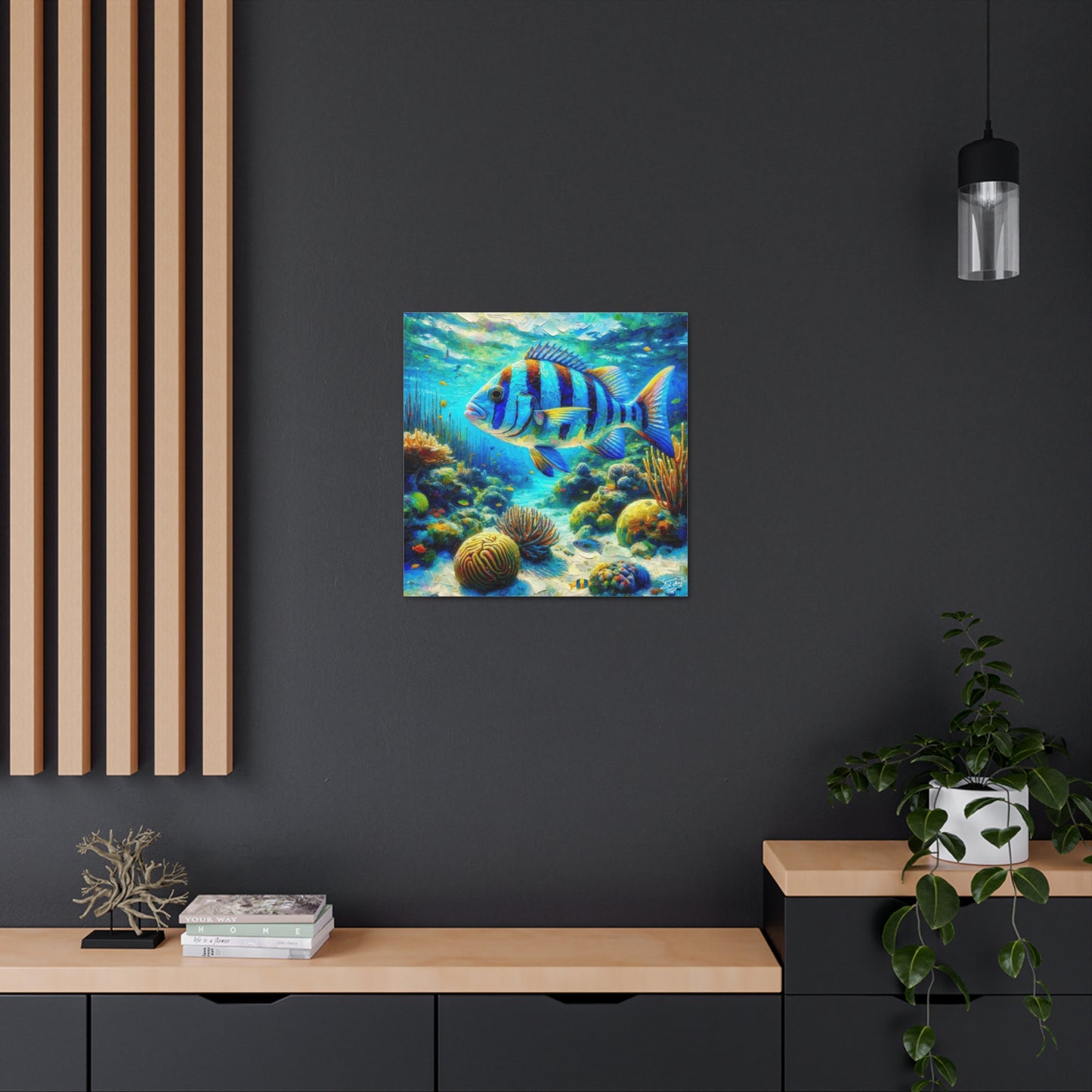 Art Print, Blue-Striped Grunt Fish in Coral Reef, Oil Finish, Caribbean Nature, Semi-Abstract, Canvas Gallery Wrap