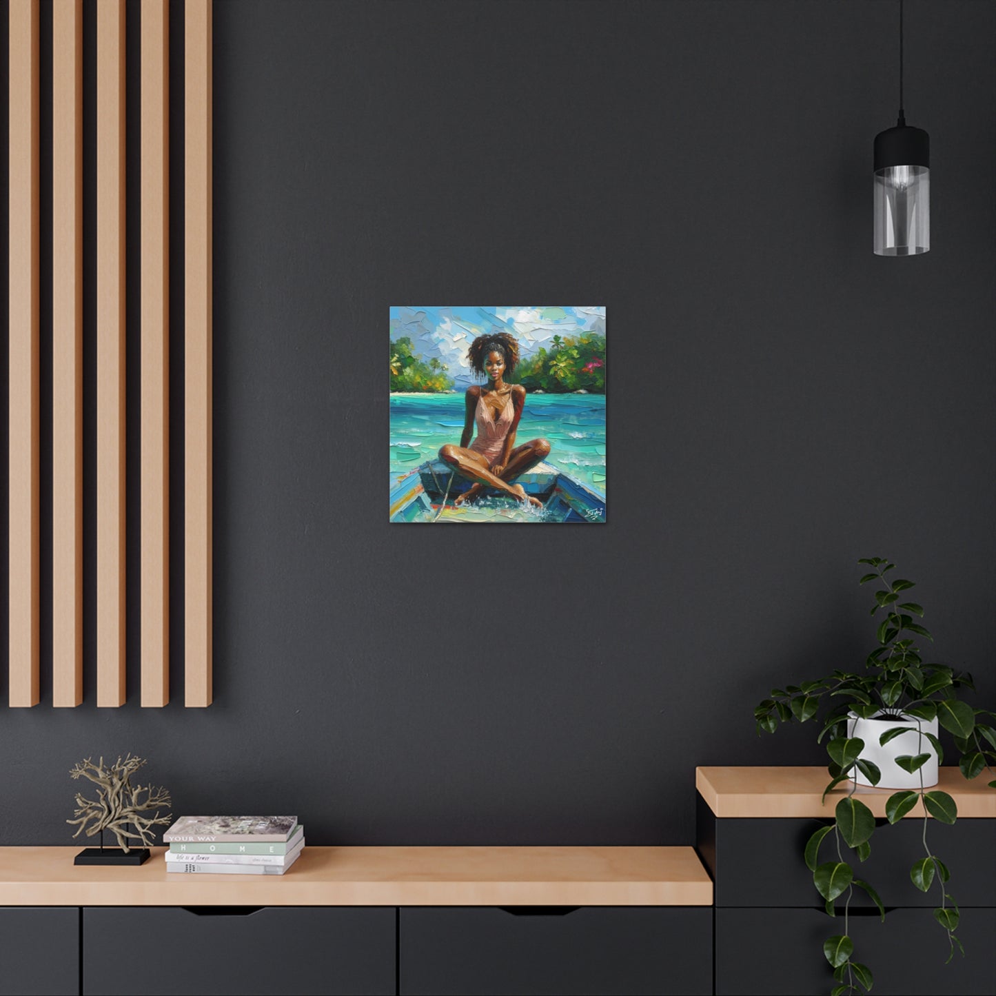 Art Print, Caribbean Woman "Chilling in the Boat" Oil Finish, West Indian Ethnicity, Cultural, Heritage, Semi-Abstract, Canvas Gallery Wrap