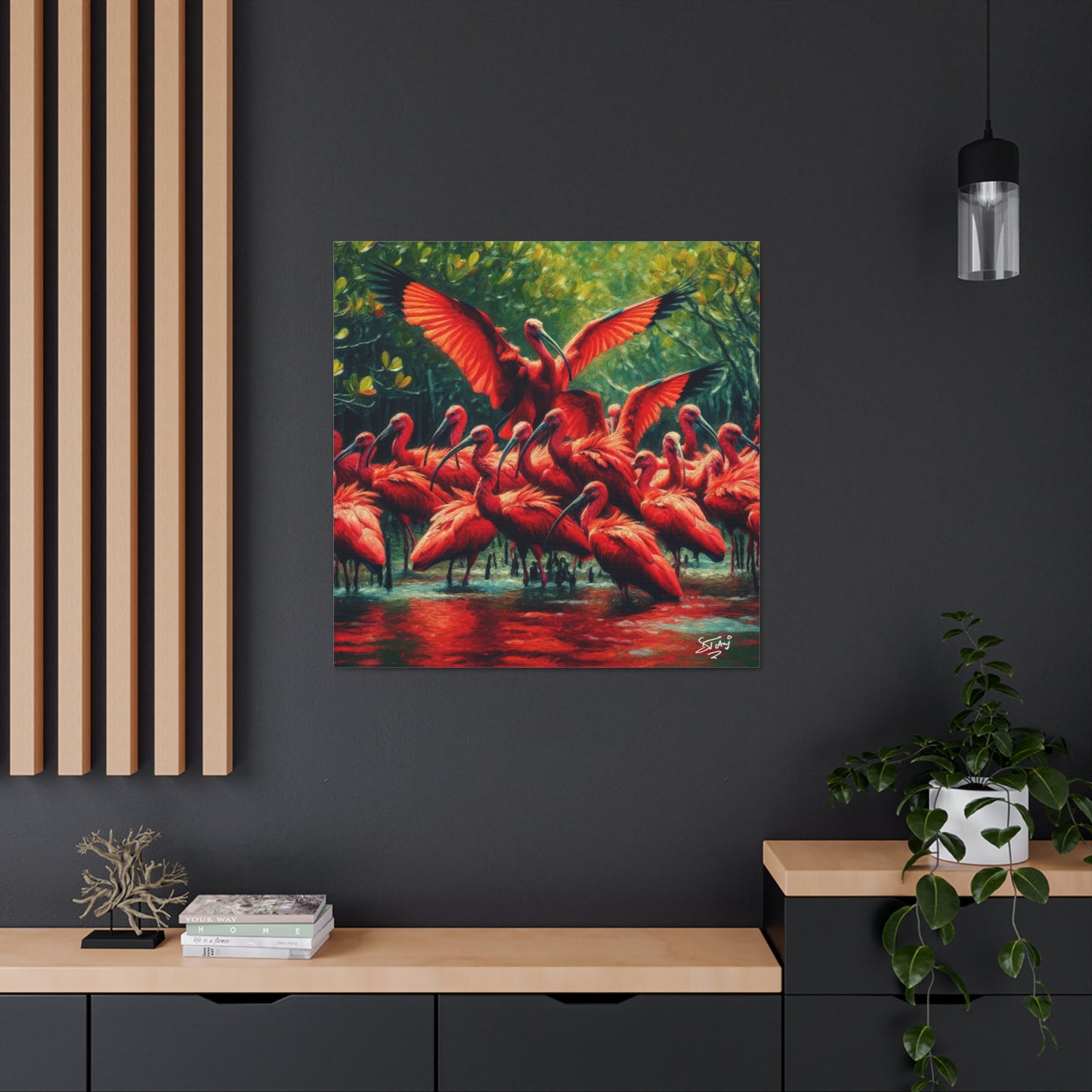 Art Print#3, Scarlet Ibises in Their Natural Mangrove Habitat in Trinidad and Tobago, Caribbean, West Indian Art, Canvas Gallery Wraps