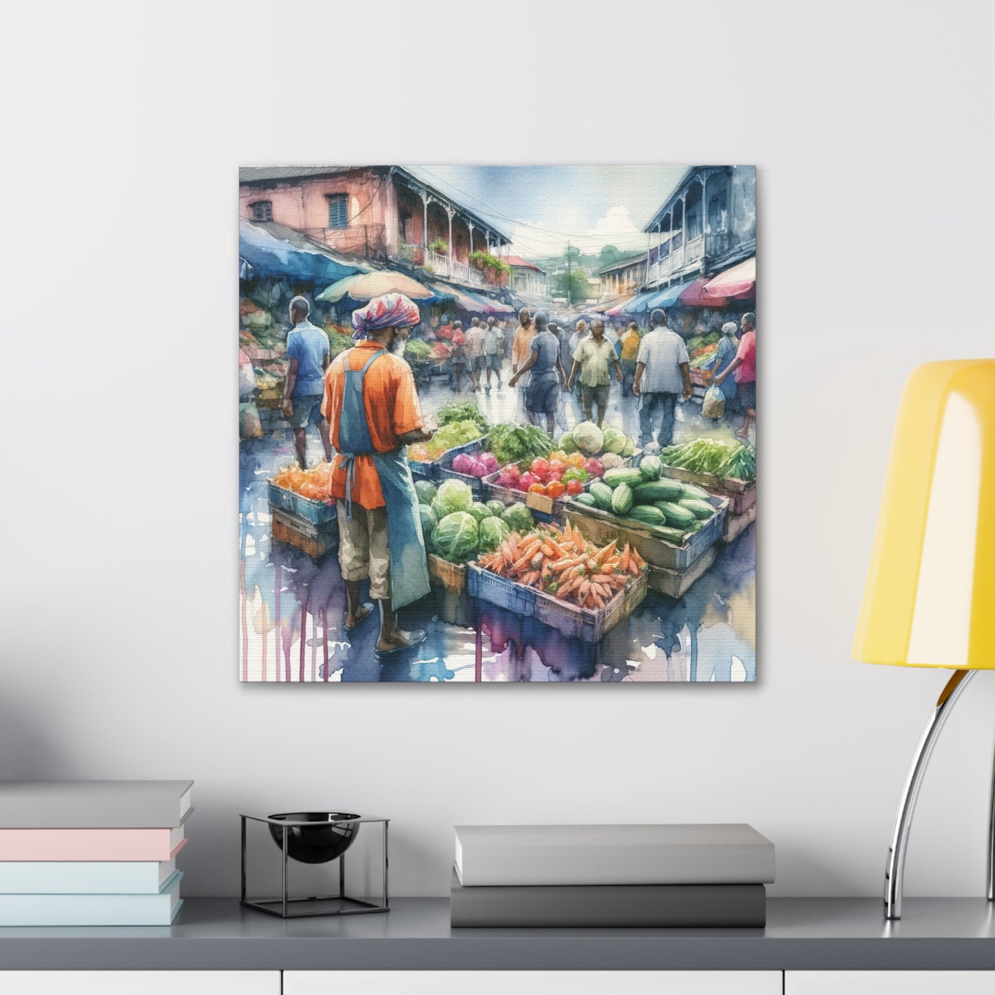 Art Print#2, "Selling at the Market", Market Scene in Trinidad, Caribbean, Watercolor Finish, West Indian Art, Canvas Gallery Wraps