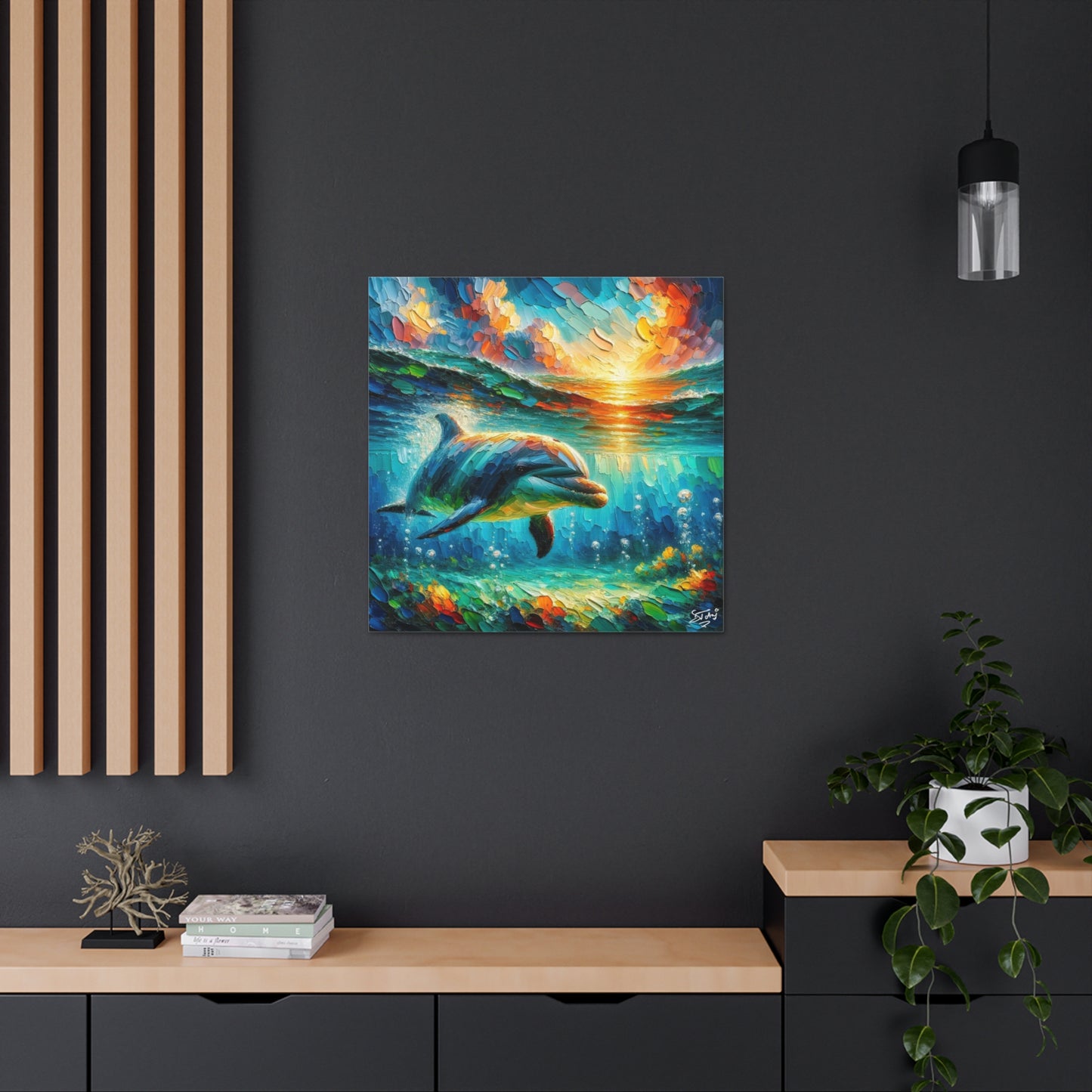 Art Print, Dolphin at Sunset, Oil Finish, Caribbean Nature, Semi-Abstract, Canvas Gallery Wrap