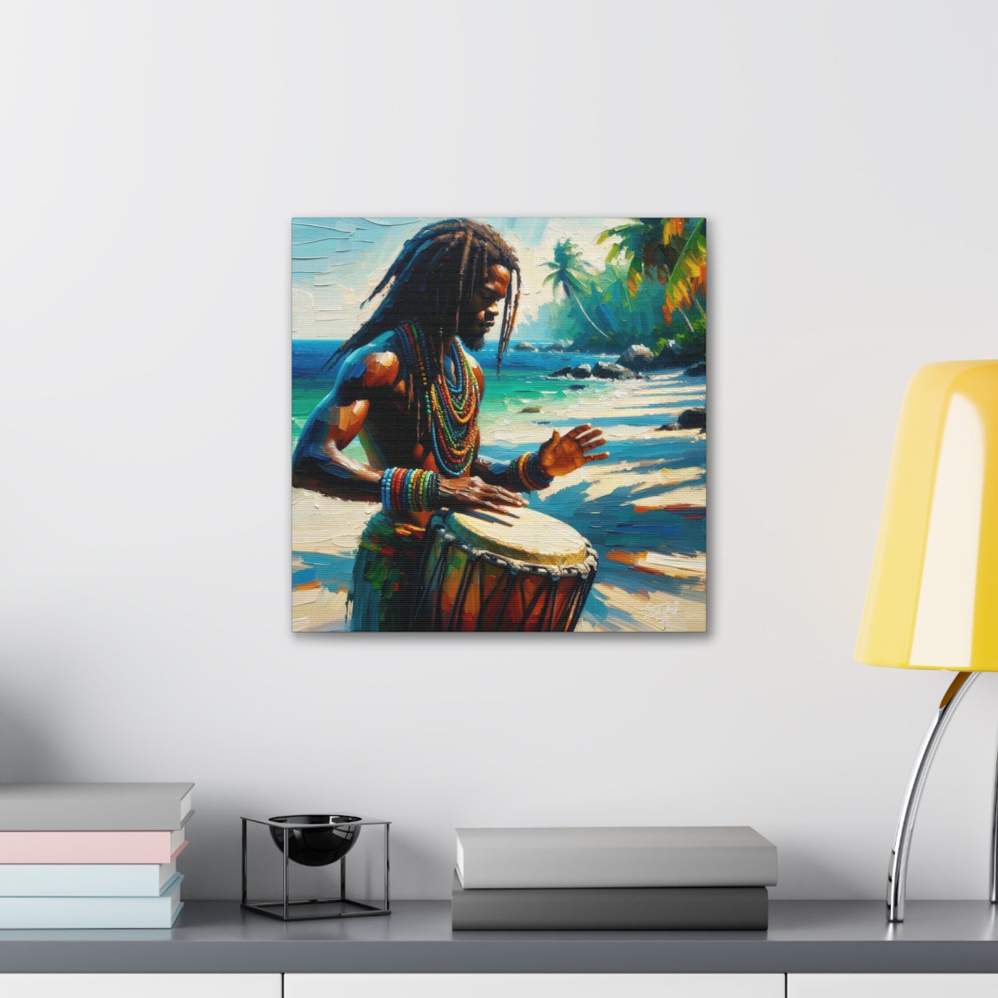 Art Print, Afro-Caribbean Man, "Drumming" Oil Finish, West Indian Ethnicity, Cultural, Heritage, Abstract, Canvas Gallery Wrap