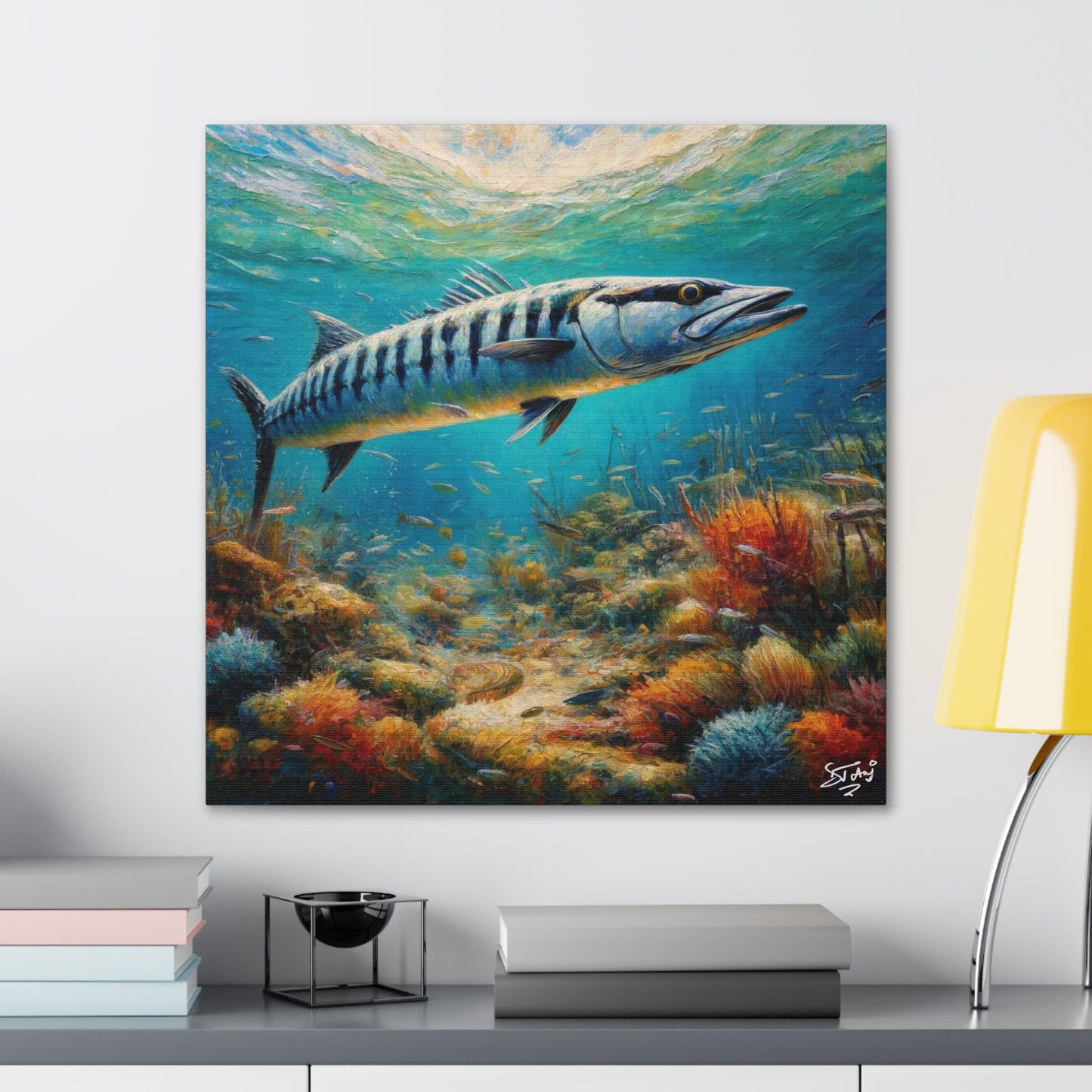 Art Print, Great Barracuda, Oil Finish, Caribbean Nature, Canvas Gallery Wrap