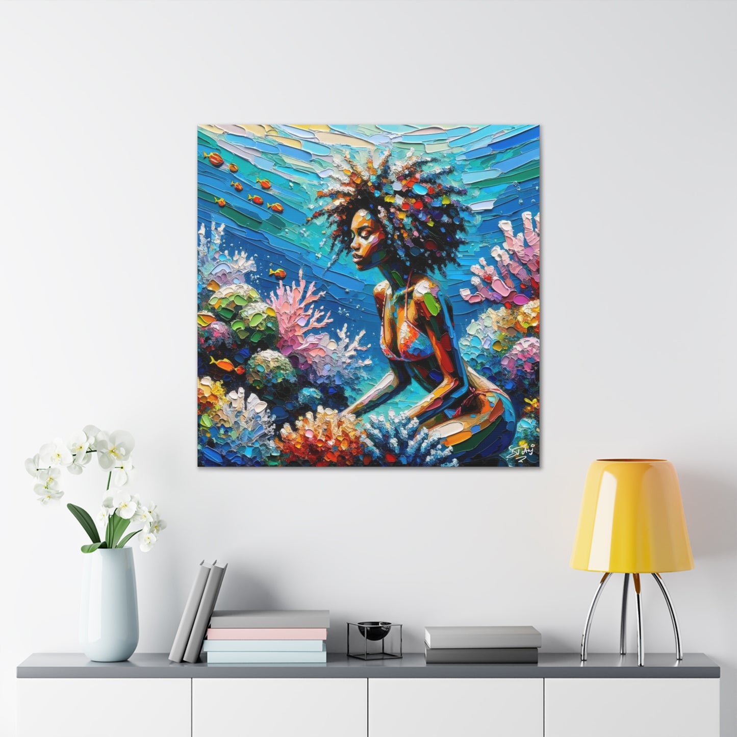 Art Print, Black Woman with Fishes in Coral Reef, Oil Finish, Caribbean Nature, Semi-Abstract, Canvas Gallery Wrap