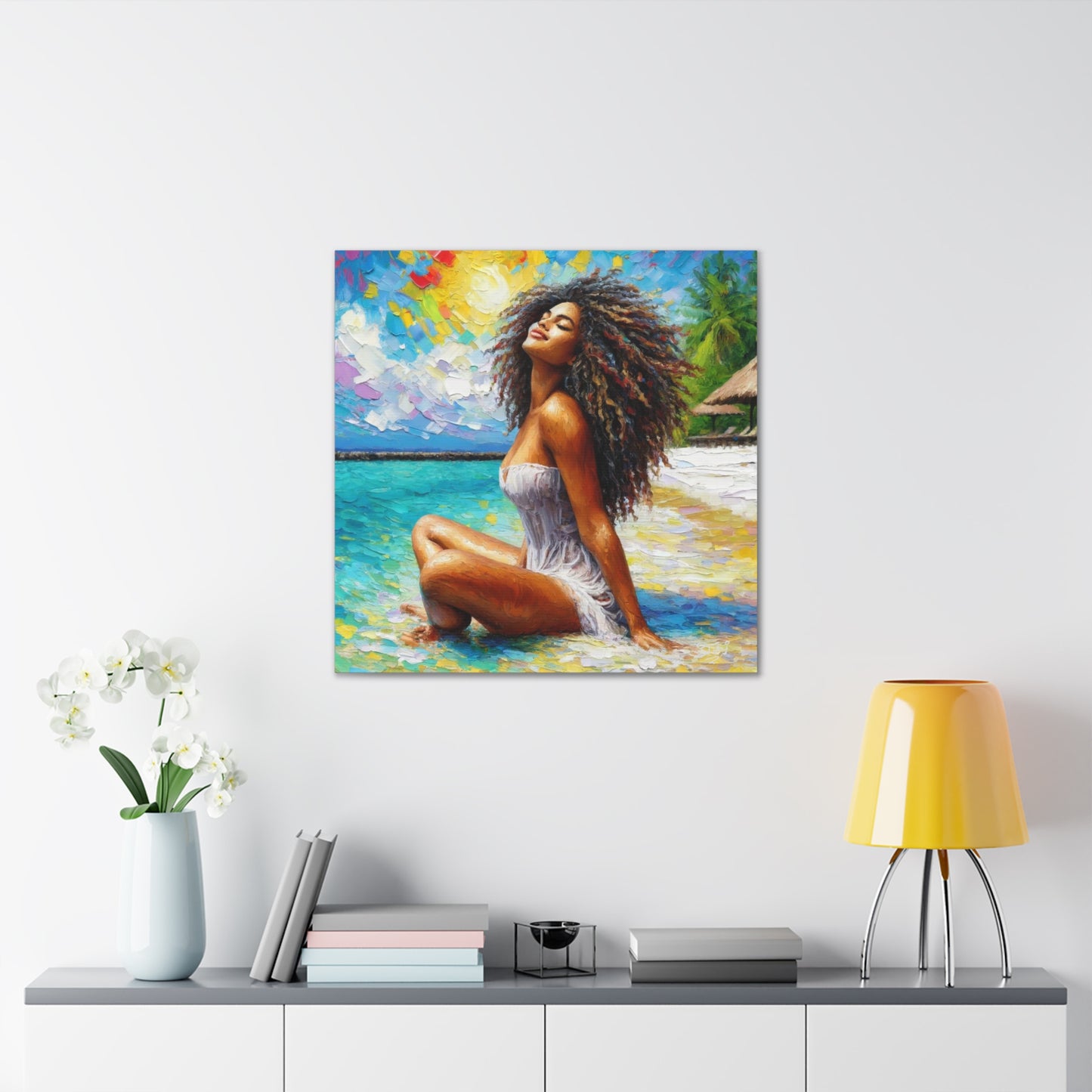 Art Print, Indo-Caribbean Woman, "Chilling on the Beach" Oil Finish, West Indian Ethnicity, Cultural, Heritage, Abstract, Canvas Gallery Wrap