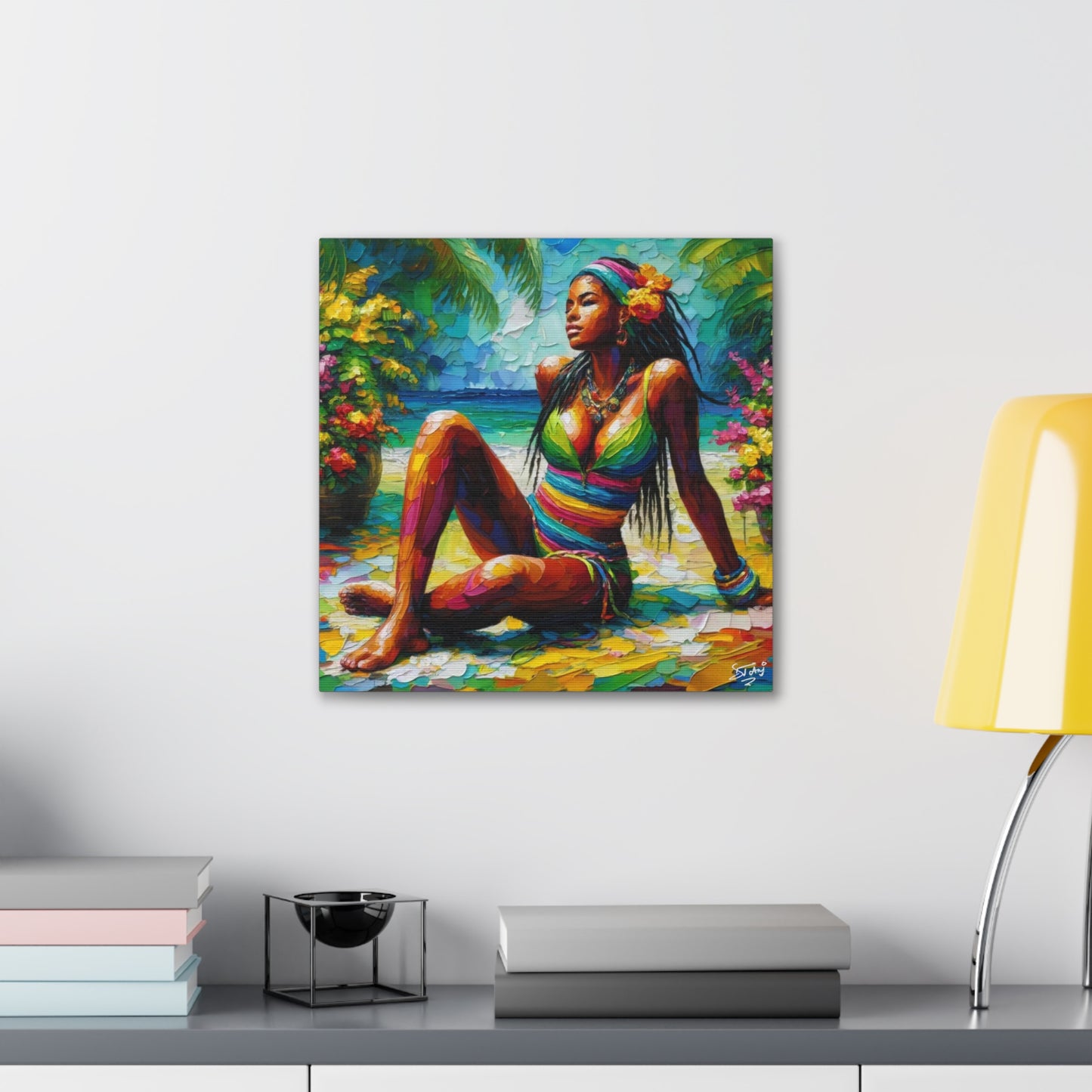 Art Print, Caribbean Woman, "Relaxing" Oil Finish, West Indian Ethnicity, Cultural, Heritage, Abstract, Canvas Gallery Wrap