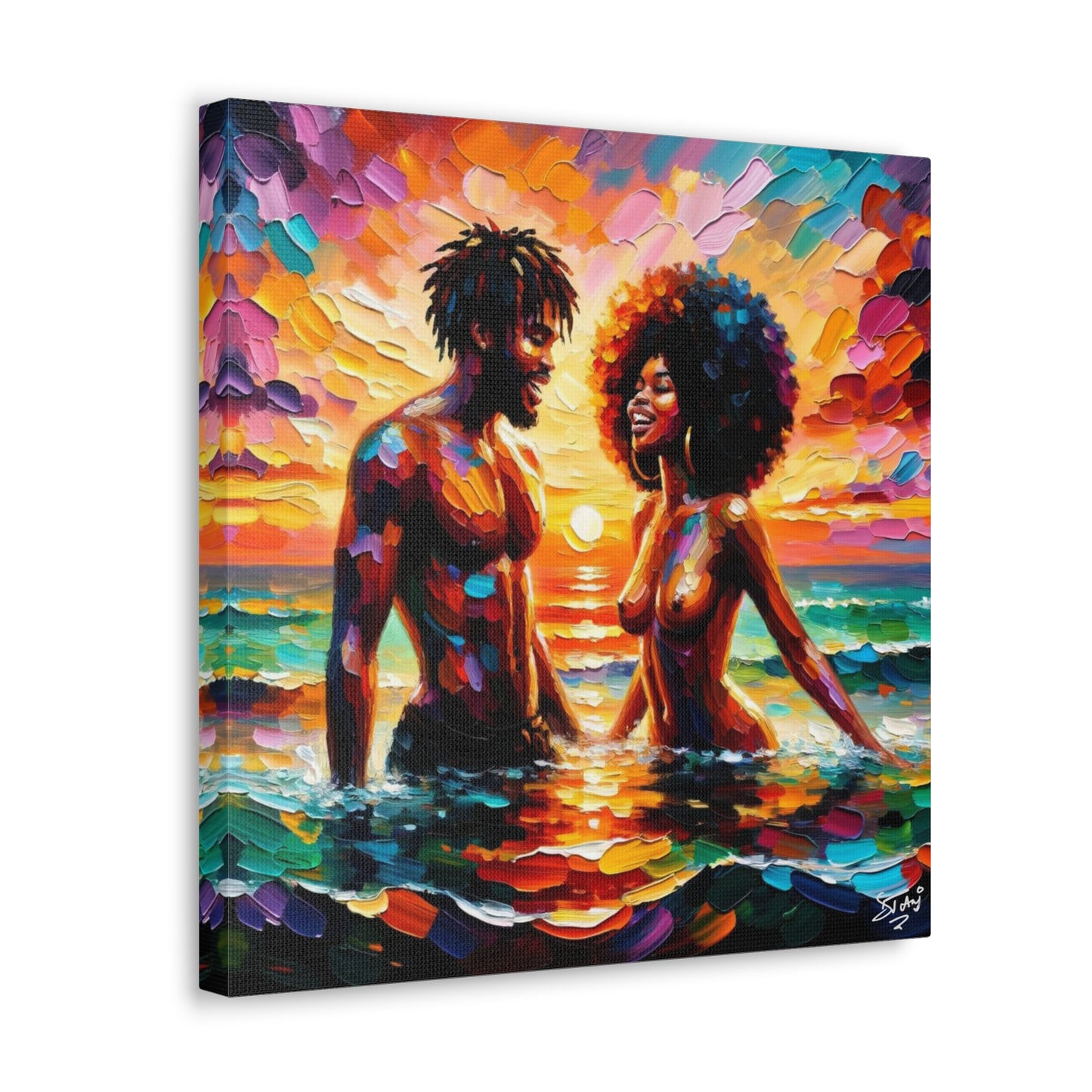 Art Print, Afro-Caribbean Couple in the Sea, Oil Finish, West Indian Ethnicity, Cultural, Heritage, Semi-Abstract, Canvas Gallery Wrap