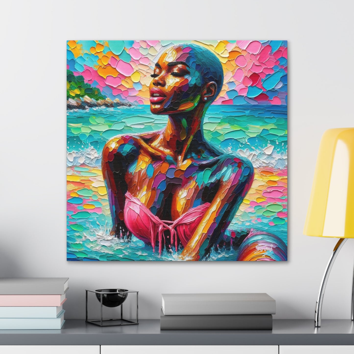 Art Print, Afro-Caribbean Woman, "Sea Bath" Abstract, Oil Finish, West Indian Ethnicity, Cultural, Heritage, Abstract, Canvas Gallery Wrap