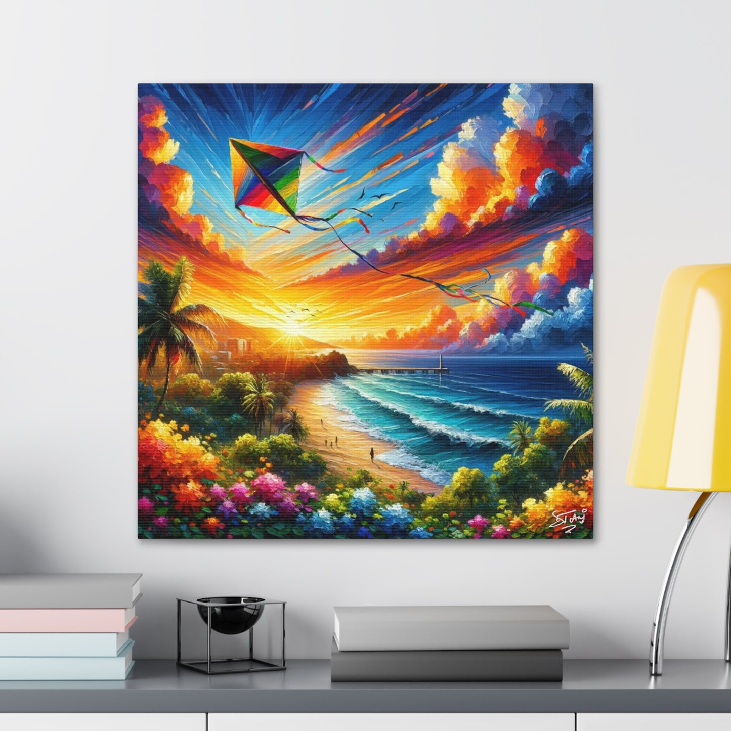 Art Print of Caribbean Sunset "Flying Kite," West Indian Art, Canvas Gallery Wraps