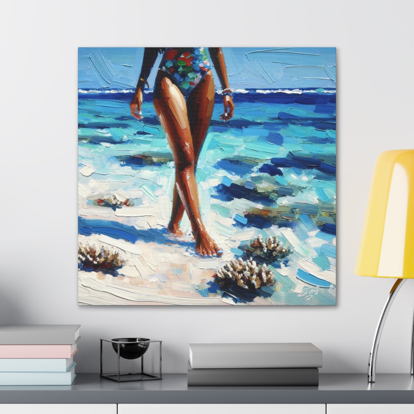 Art Print, Caribbean Woman, "Strolling on the Beach" Oil Finish, West Indian Ethnicity, Cultural, Heritage, Abstract, Canvas Gallery Wrap