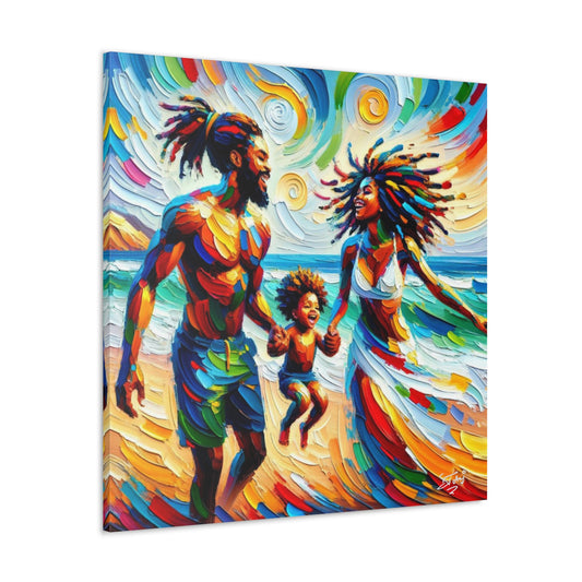 Art Print, Afro-Caribbean Family "Walking on the Beach," Oil Finish, West Indian Ethnicity, Cultural, Heritage, Semi-Abstract, Canvas Gallery Wrap