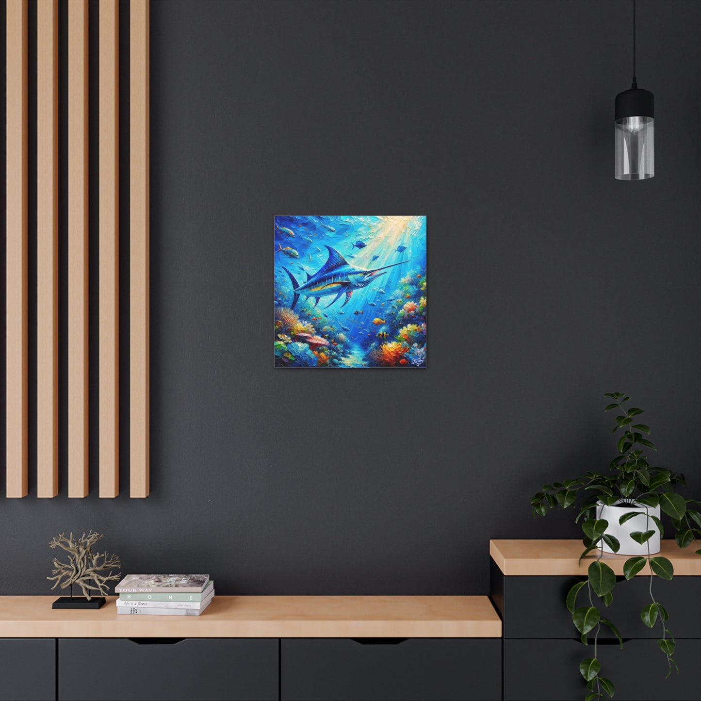 Art Print, Blue Marlin in Coral Reef, Oil Finish, Caribbean Nature, Semi-Abstract, Canvas Gallery Wrap