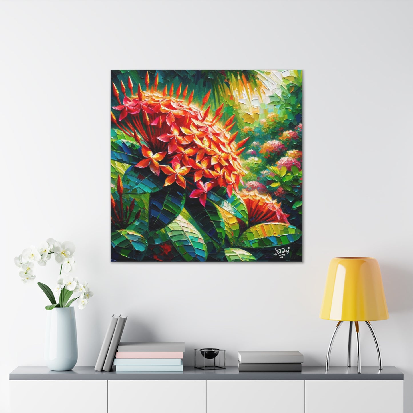 Art Print of Ixora Flowers, Oil Finish, West Indian Art, Canvas Gallery Wraps