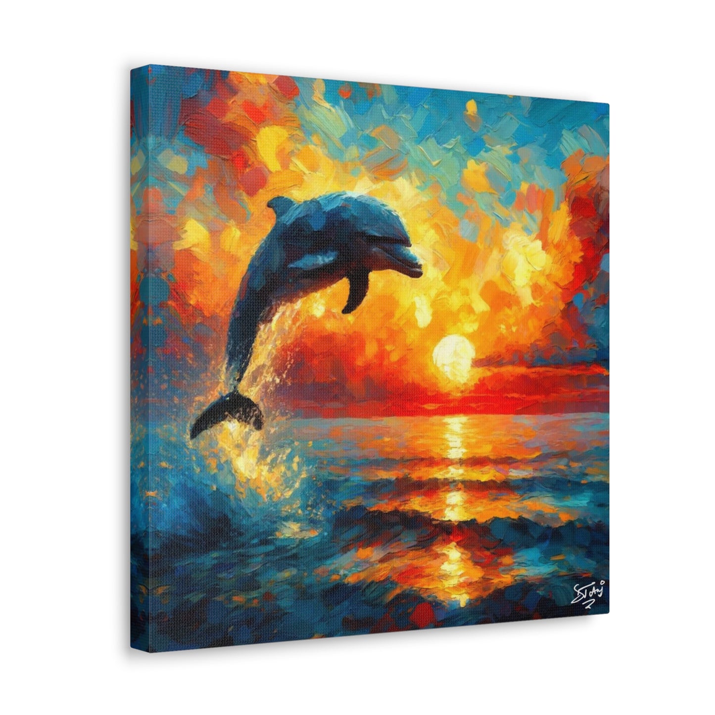 Art Print, Dolphin at Sunset, Oil Finish, Caribbean Nature, Canvas Gallery Wrap