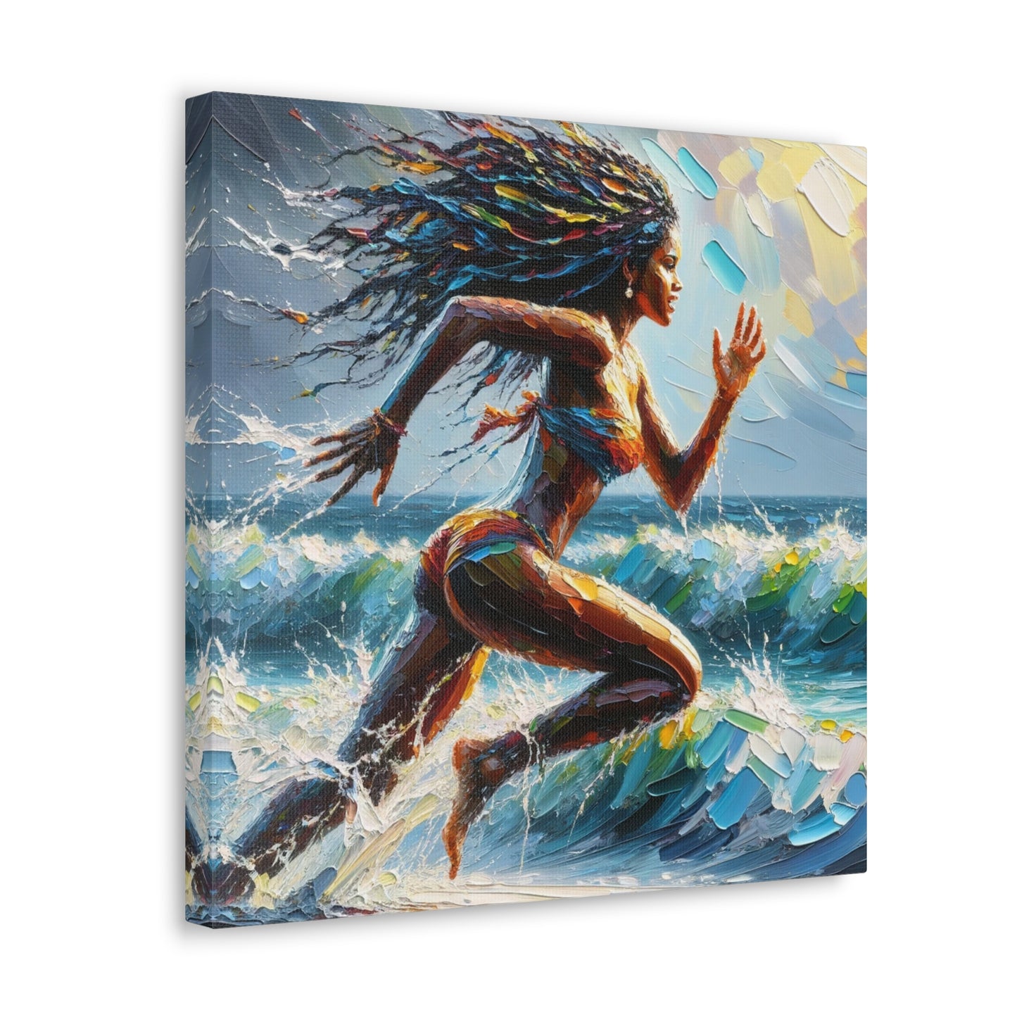 Art Print#3, East Indian Woman from Trinidad running into the Atlantic Ocean, Caribbean, Oil Finish, West Indian Art, Canvas Gallery Wraps