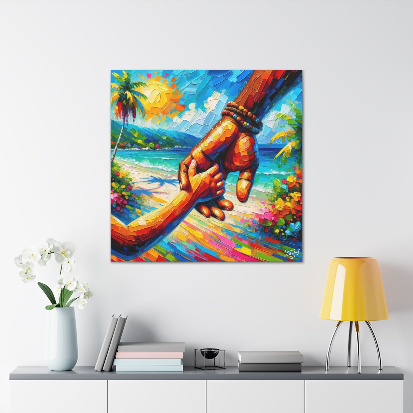 Art Print, Afro-Caribbean Father & Daughter, Oil Finish, West Indian Ethnicity, Cultural, Heritage, Semi-Abstract, Canvas Gallery Wrap