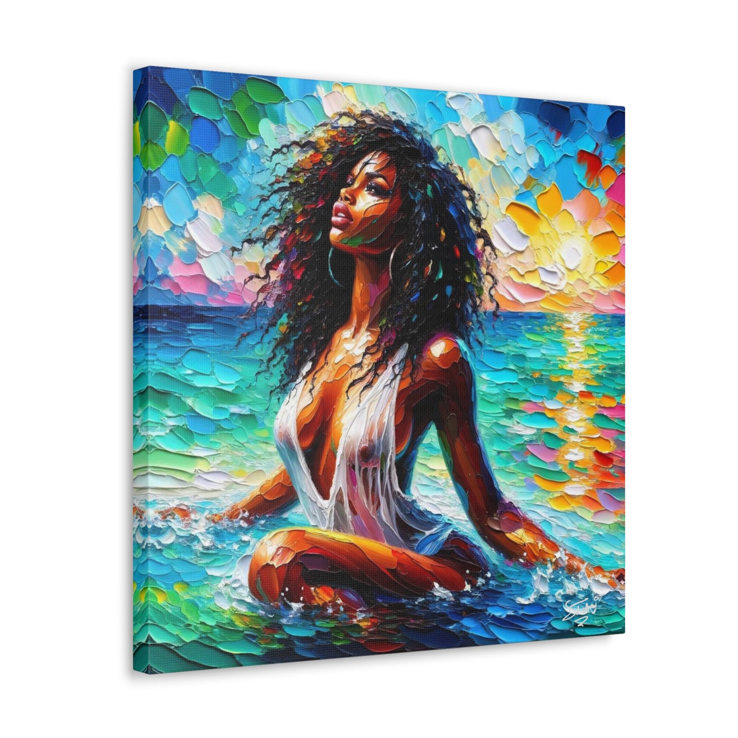 Art Print, Afro-Caribbean Woman, "Sea Bath" Abstract, Oil Finish, West Indian Ethnicity, Cultural, Heritage, Abstract, Canvas Gallery Wrap