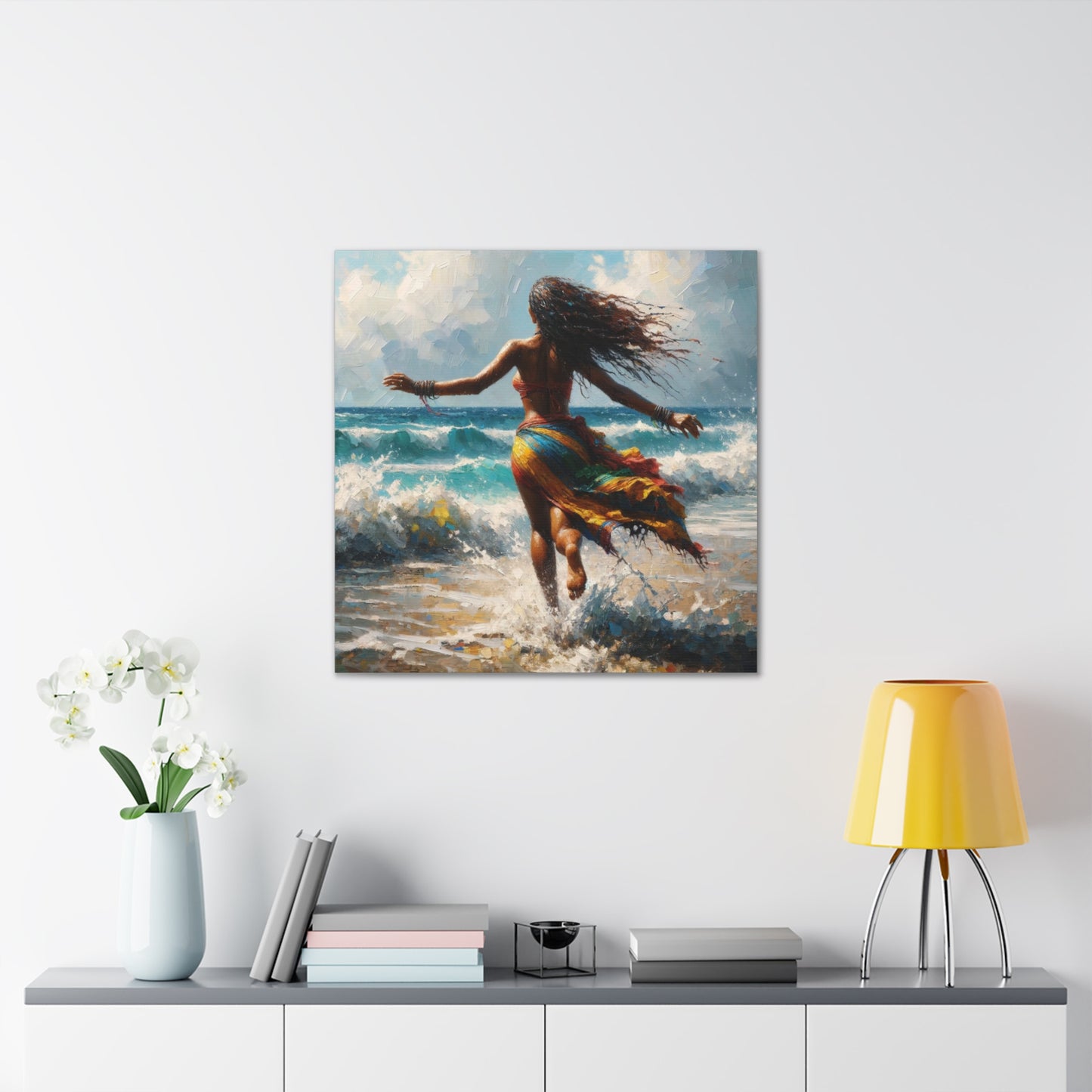 Art Print#2, East Indian Woman from Trinidad running into the Atlantic Ocean, Caribbean, Oil Finish, West Indian Art, Canvas Gallery Wraps